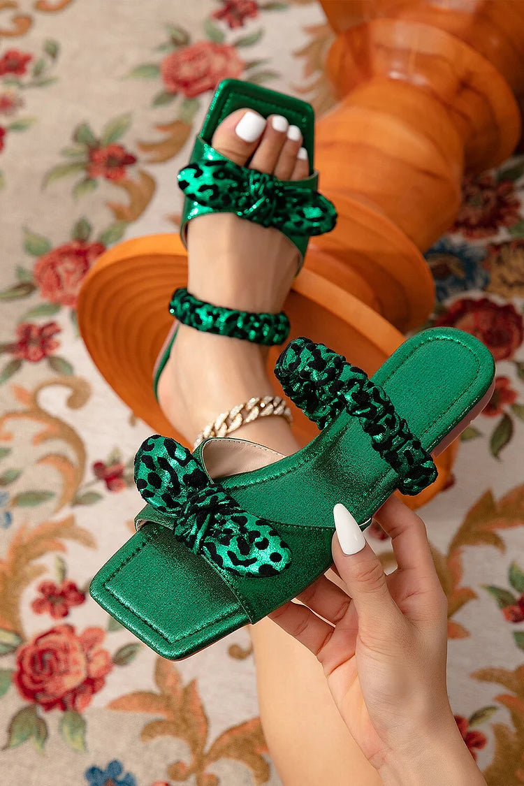 Leopard Print Bow Decor Instep Strap Square Toe Slippers