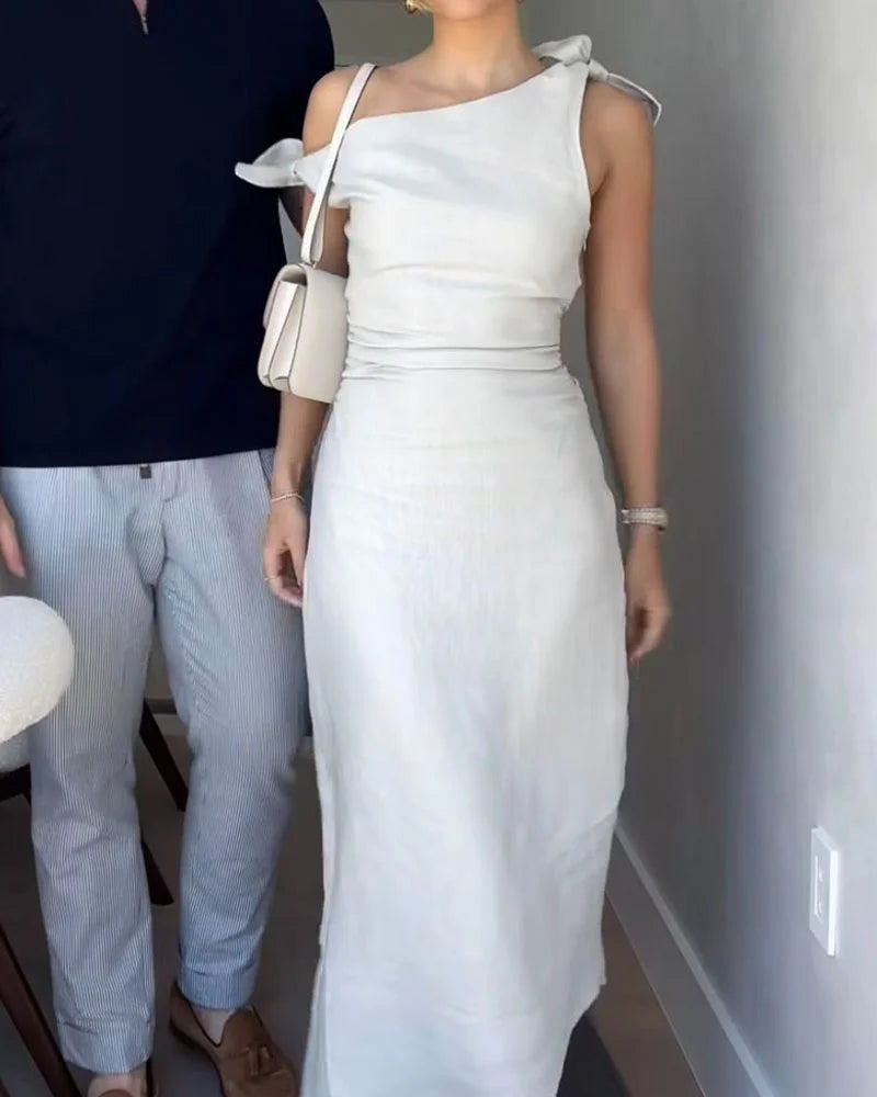 Abito casual in lino e cotone con lacci e spalle oblique