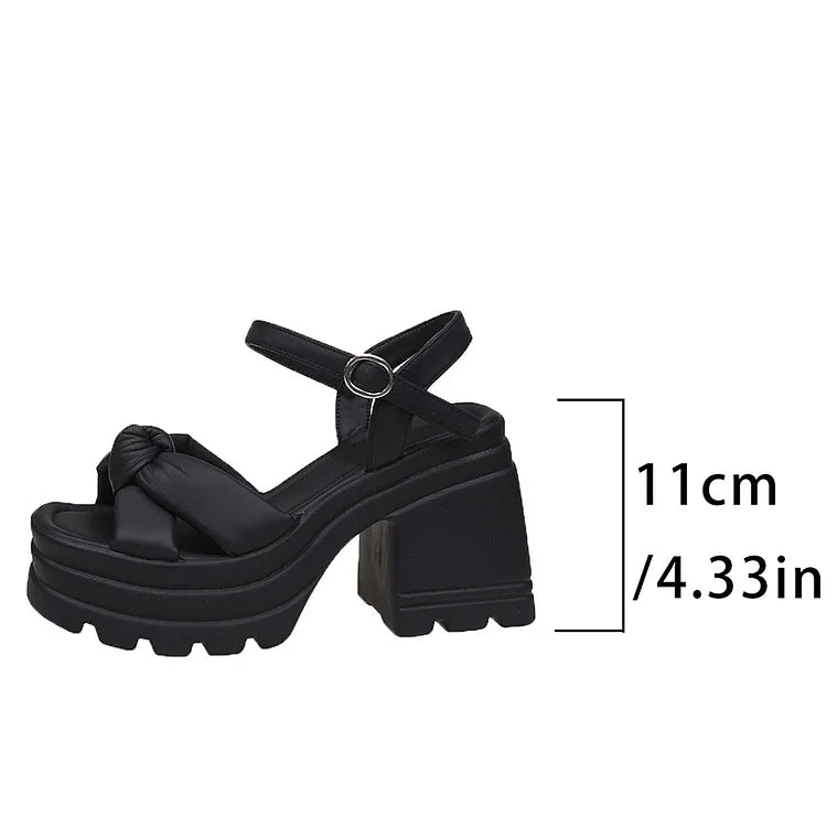 Solid Color Knotted Open Toe Platform Chunky Heels