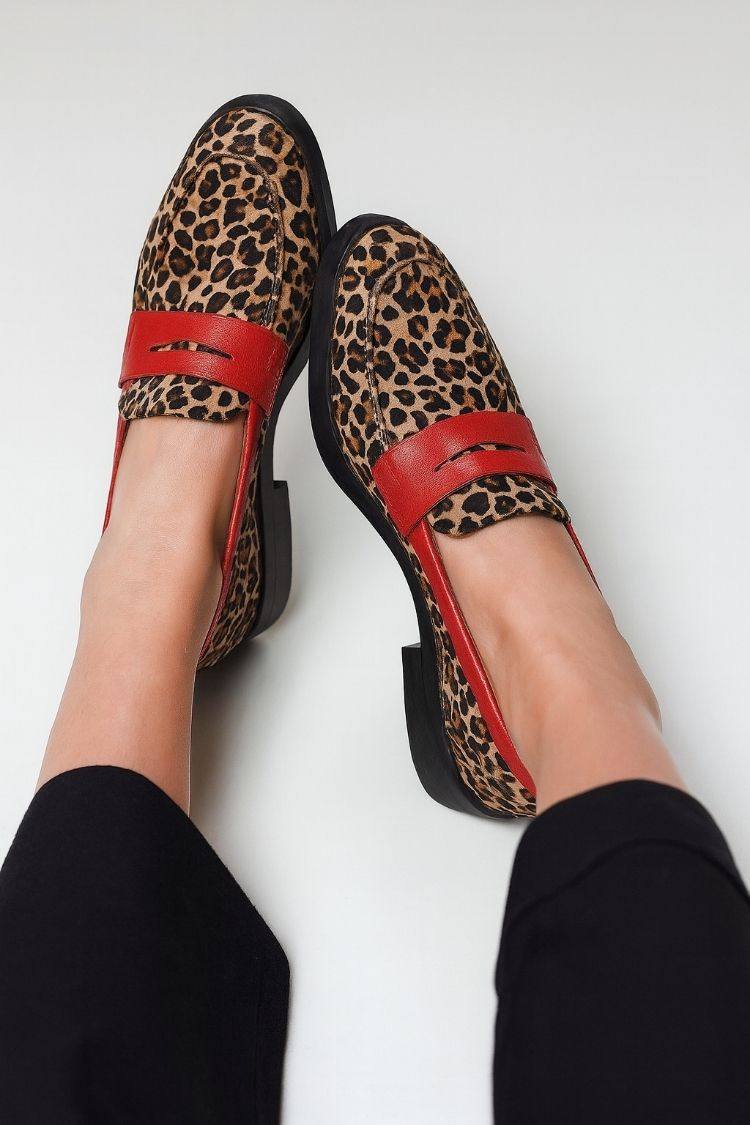 Leopard Print Red Strap Loafer Flats