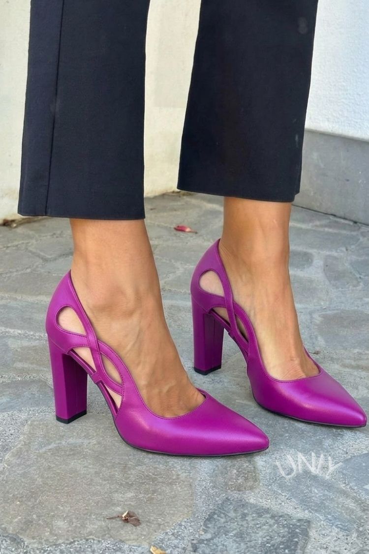 Faux Leather Cutout Block Heel Pointed Pumps