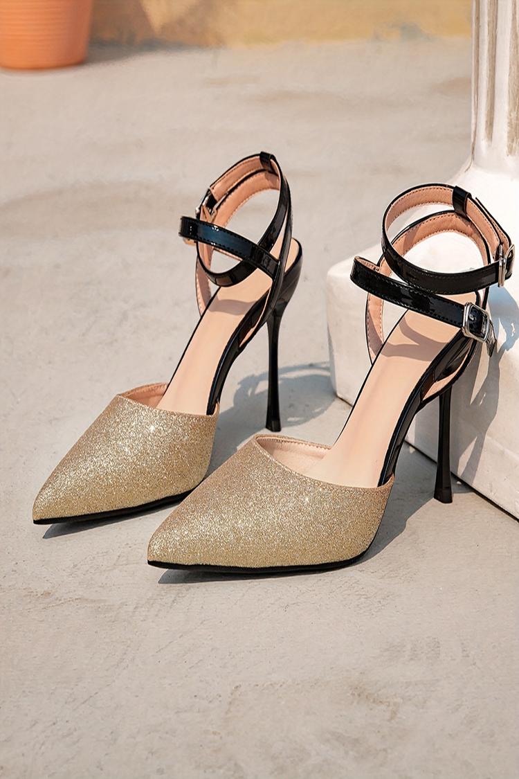 Scarpe con tacco a spillo a punta colorblock scintillante con due cinturini e fibbie