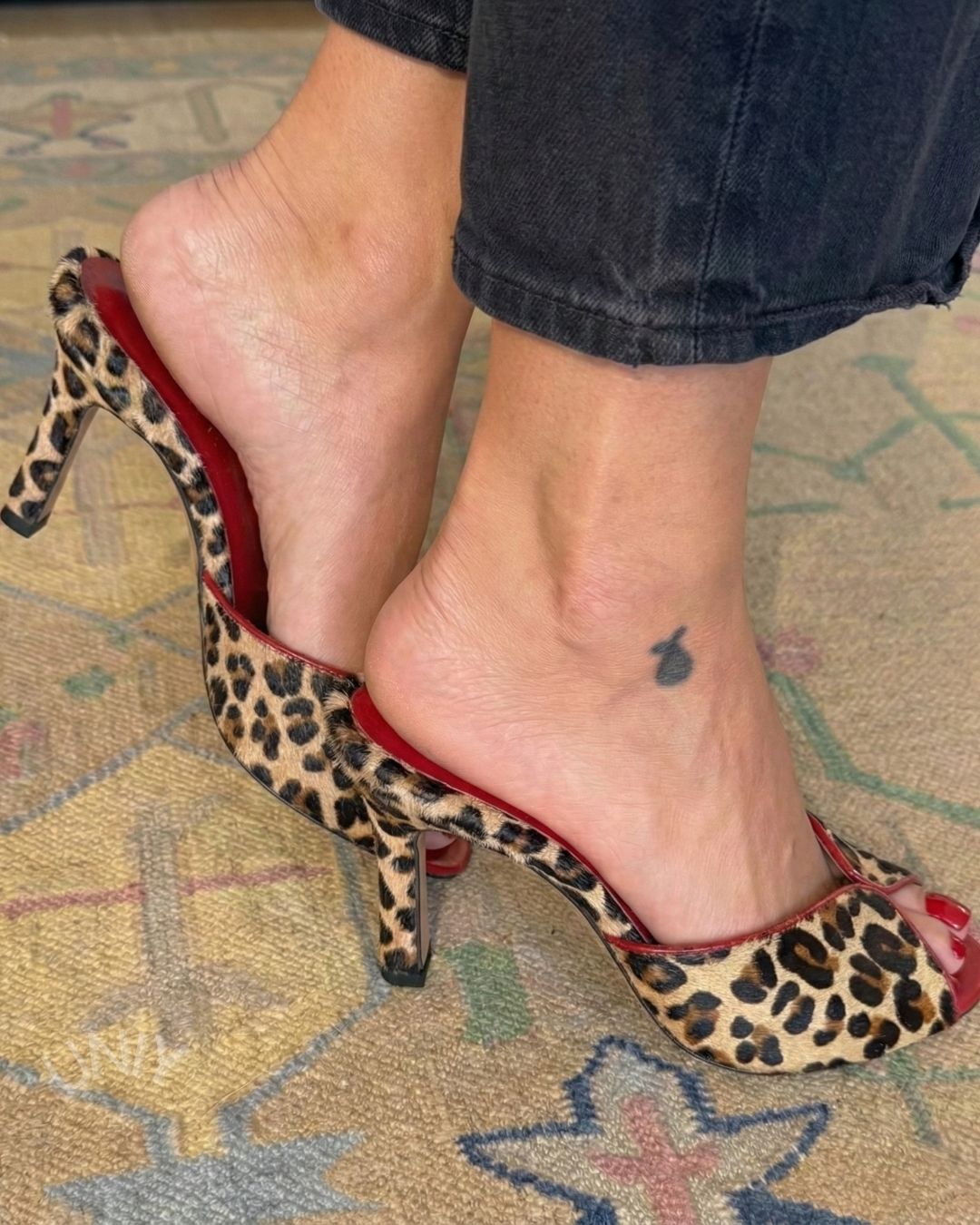 Leopard Print Red Trim Peep Toe High Heel Mules