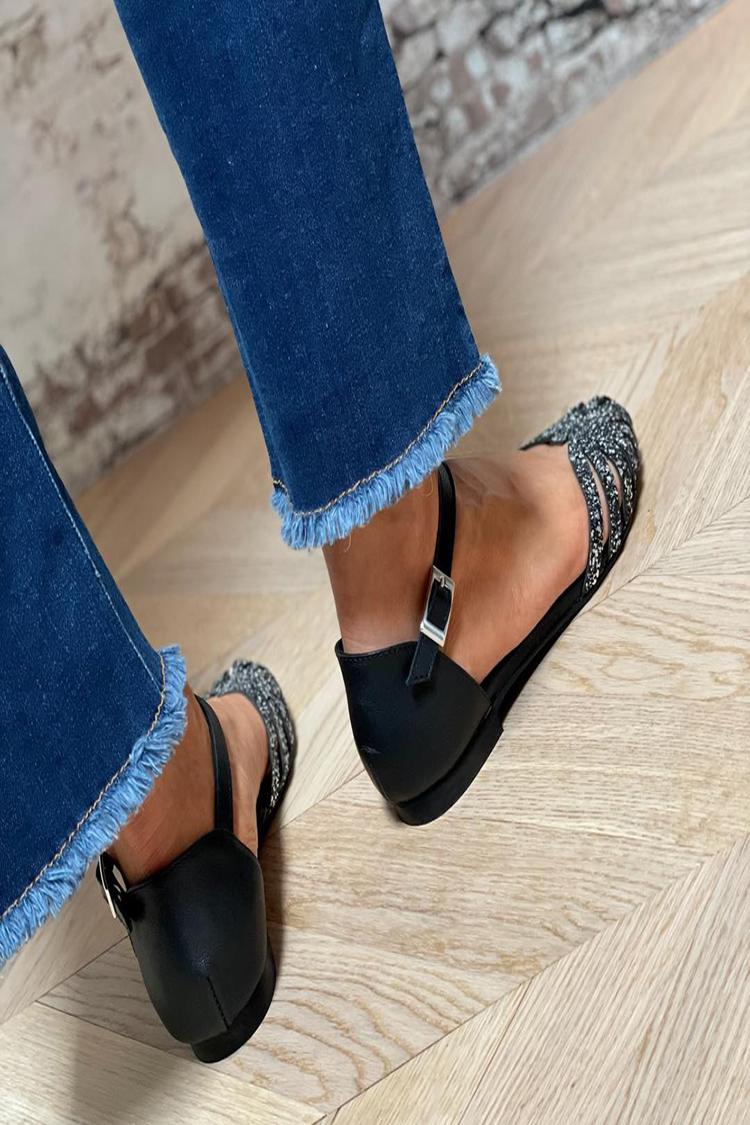 Sandali neri con cinturino alla caviglia, fibbia e punta tonda con glitter e trafori