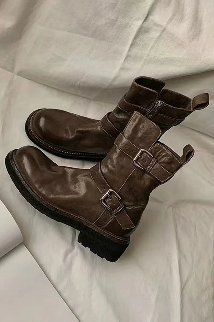 Botas de Cano Curto com Fecho, Biqueira Redonda, Cor Sólida, Fivelas e Duas Tiras Estruturadas