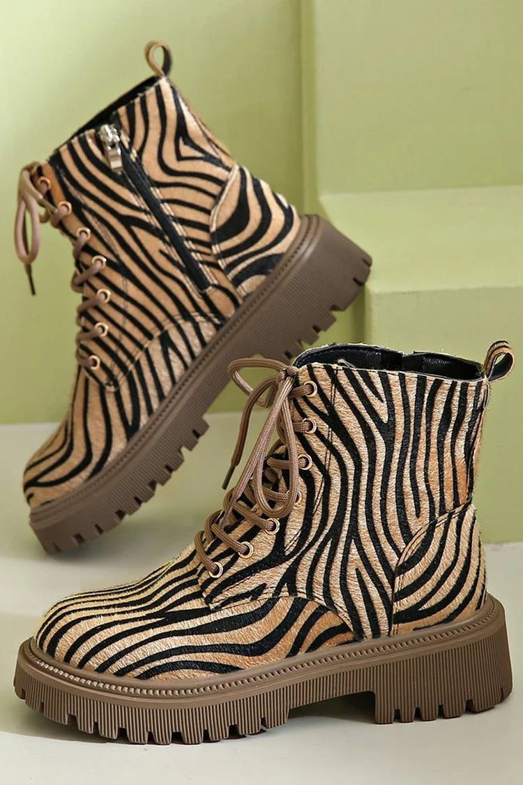 Attraktive Spitzenmuster Patchwork Rundzehen Zebra Knöchelhohe Stiefel