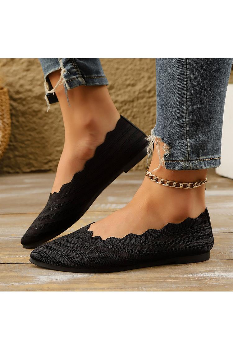 Solid Color Knitted Wavy Edge Pointed Toe Casual Flats