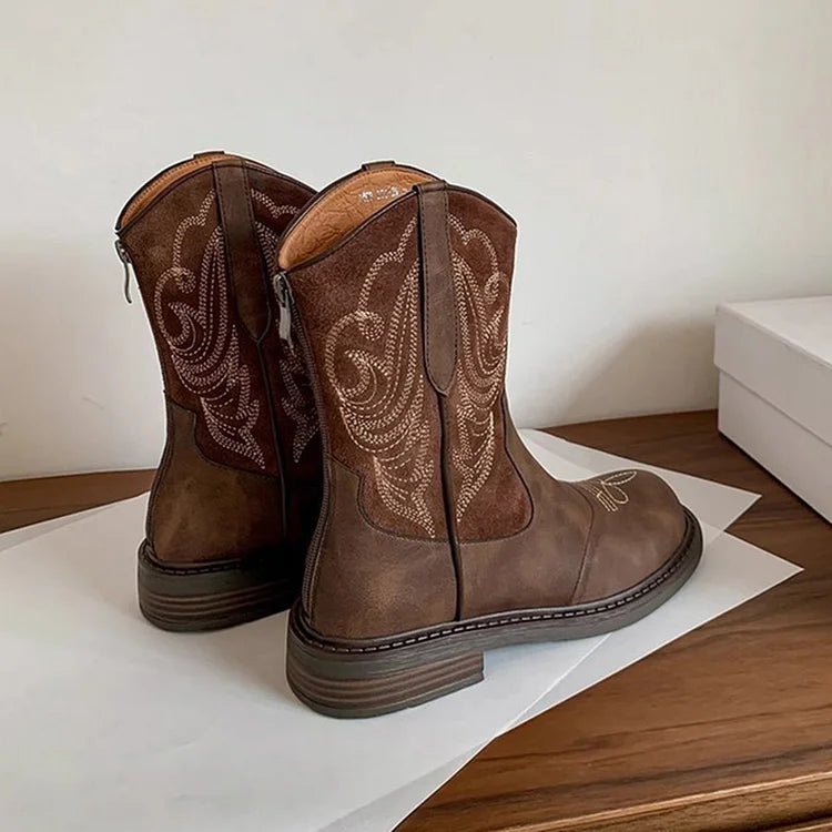 Stickerei Patchwork Reißverschluss Rundzehen Knöchel Retro Stiefel