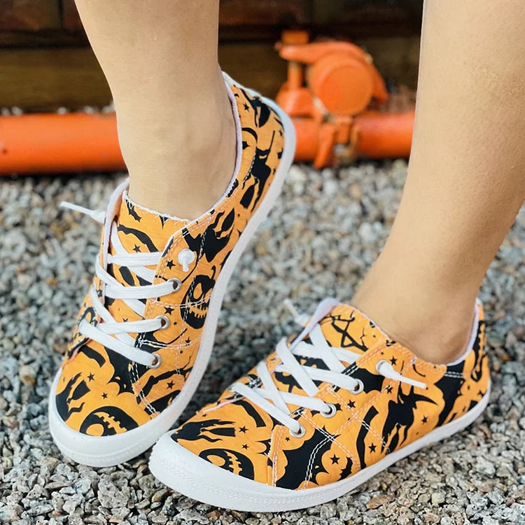 Chaussures décontractées en toile avec dentelle et imprimé chauve-souris citrouille d'Halloween