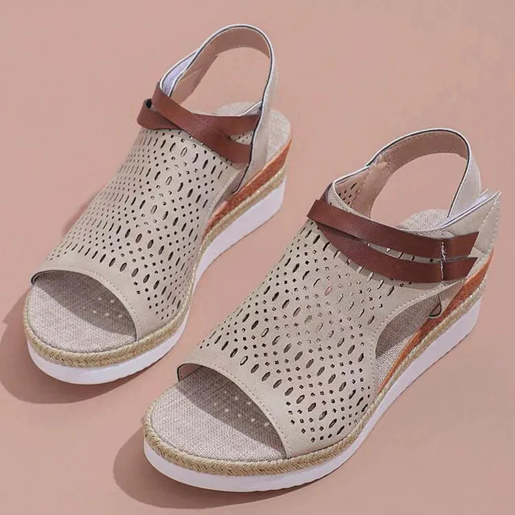 Hollow Out Cross Strap Toe Stick Closure Straw Magic Peep Wedge Sandals