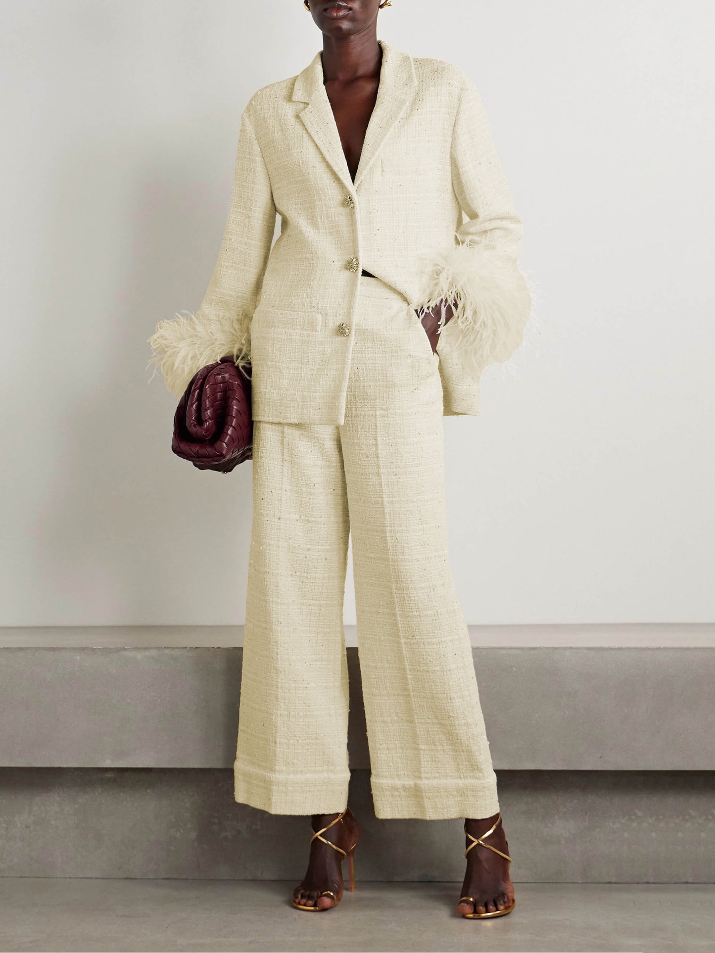 Eleganter, verzierter Tweed-Blazer mit Federbesatz