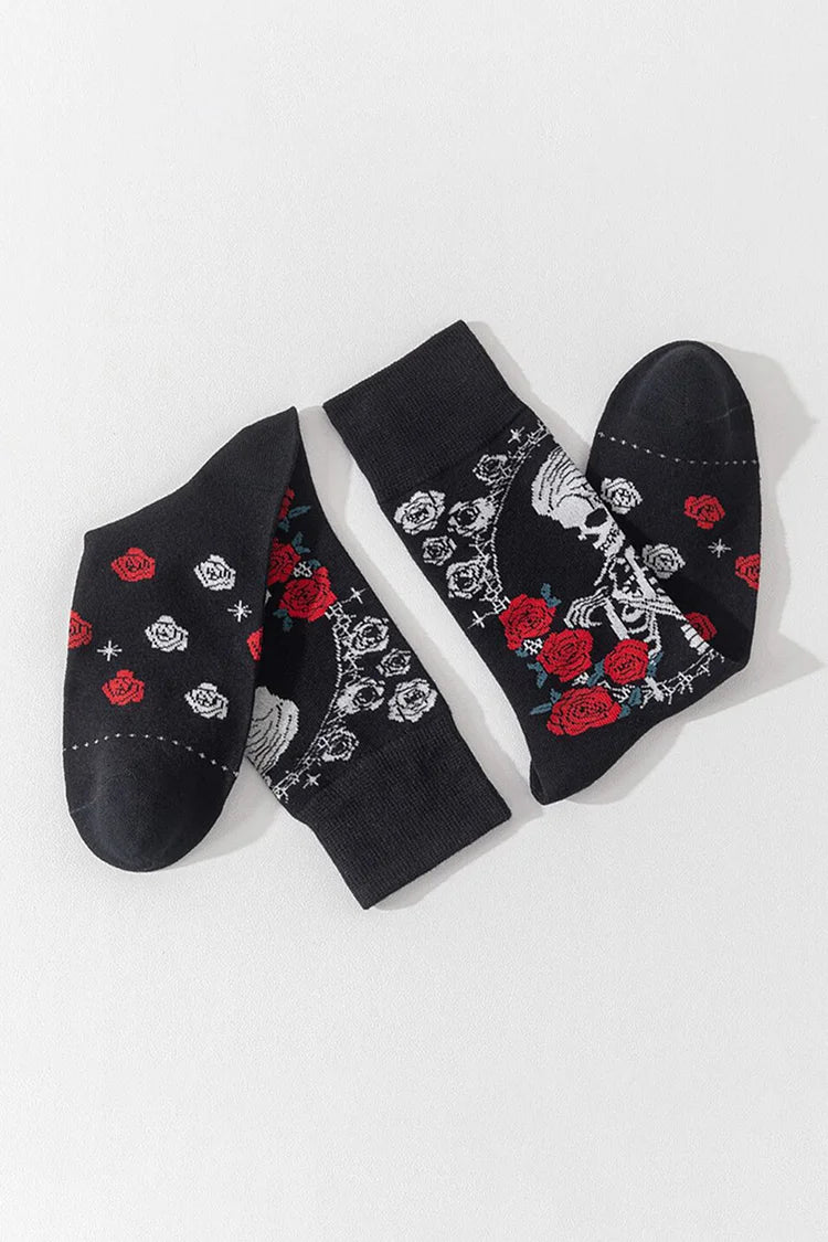 Calzini a metà polpaccio Premium con motivo a rose colorblock di Halloween Skeleton Lady