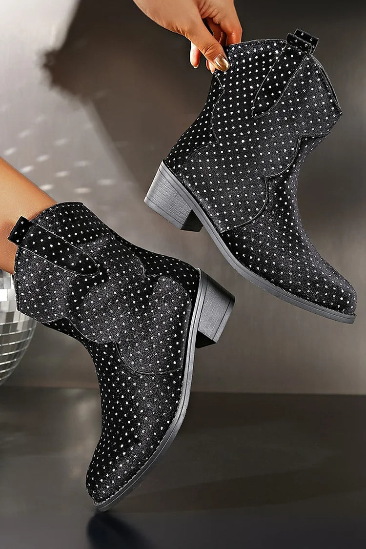 Botas de media caña con tacón grueso y puntera puntiaguda y parches con decoración de diamantes de imitación