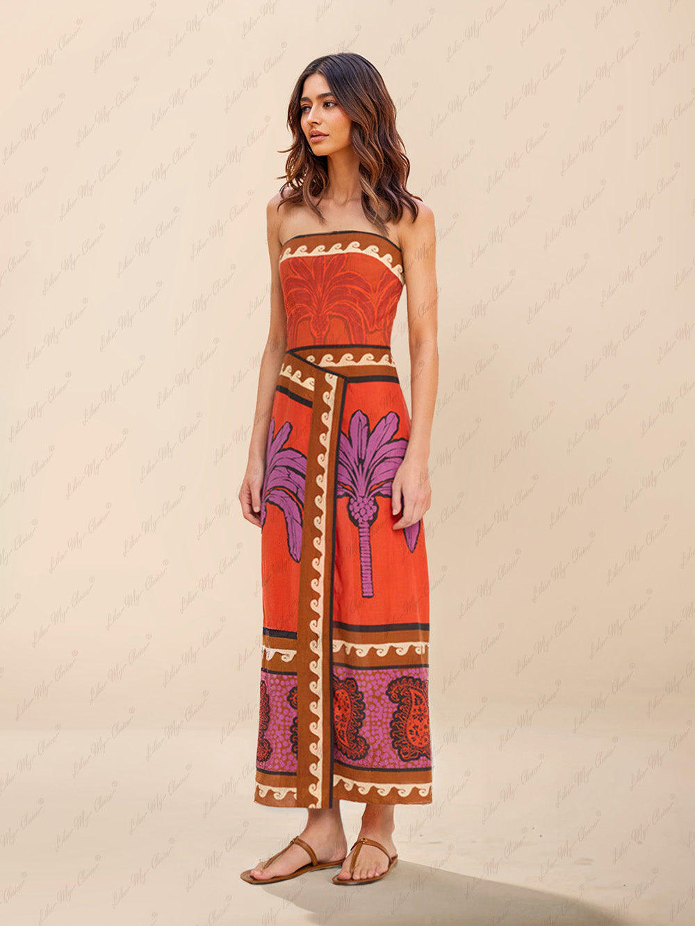 Einzigartiges schulterfreies Midikleid mit Palmenblumenmuster