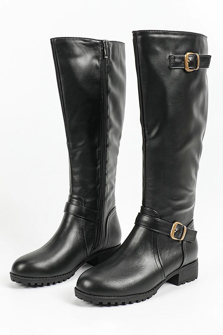 Stivali alti al ginocchio con cerniera, patchwork, fibbia e cinturino con punta tonda