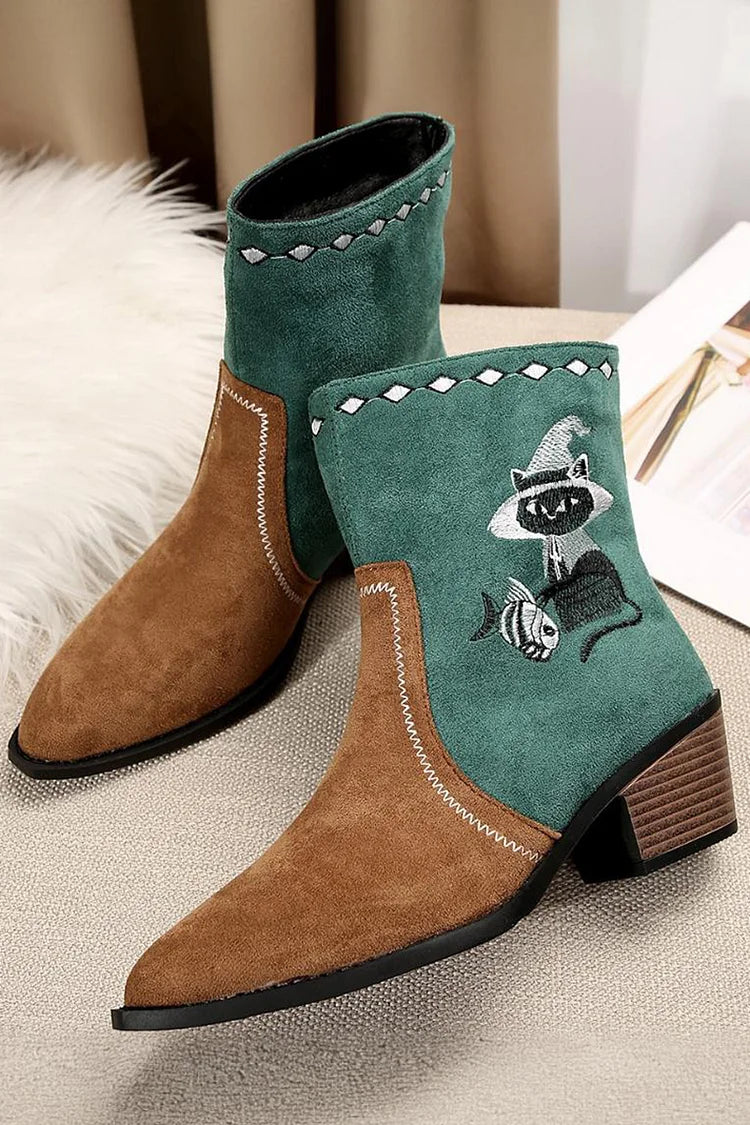Katzenfisch Stickerei Knöchel Spitz Zehen Colorblock Stiefel