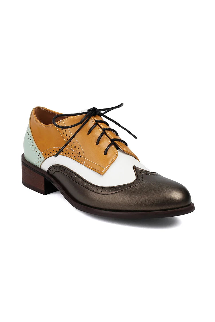 Colorblock Patchwork Round Toe Low Block Heel Lace Up Brogue Oxfords
