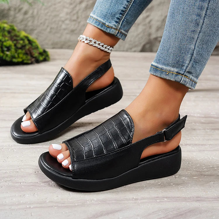 Crocodile Pattern Patchwork Round Toe Slingback Strap Buckle Sandals
