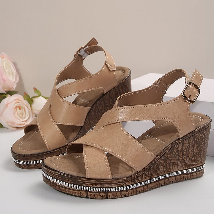 Rhinestone Cross Strap Buckle Plain Toe Peep Platform Wedge Sandals