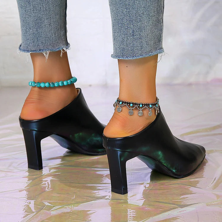 Solid Color Stitch Detail Pointed Toe Slip On Chunky Heels