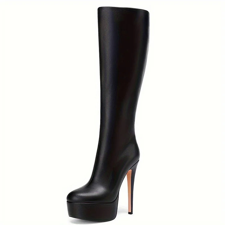 Solid Color Side Zipper Round Toe Stiletto Heel Knee High Boots