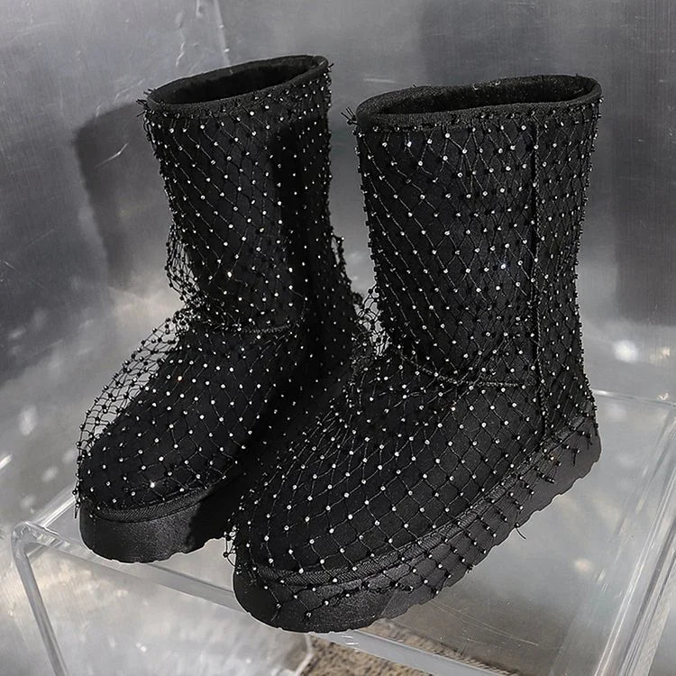 Botas de nieve con puntera redonda y decoración de rejilla con diamantes de imitación