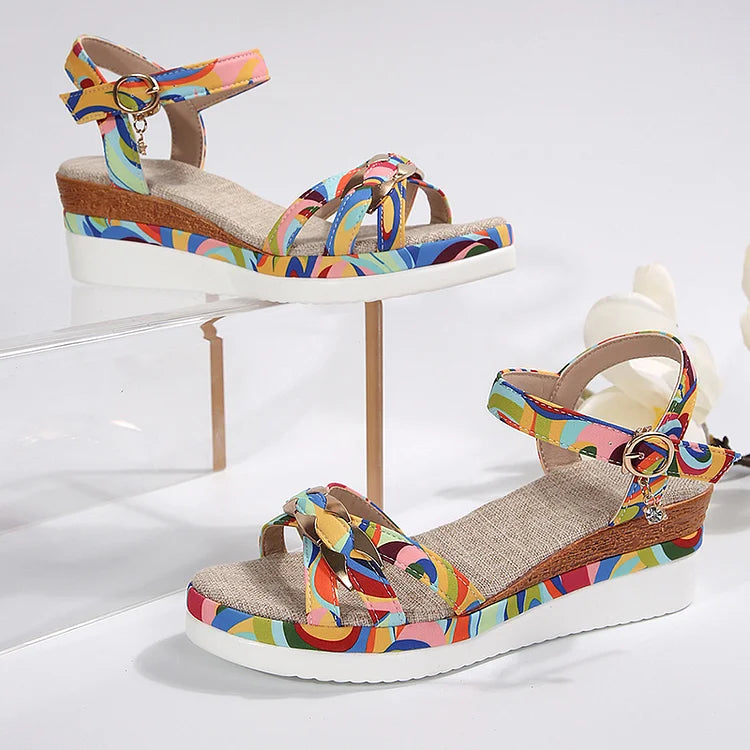 Charming Colourful Swirl Buckle Alloy Ankle Print Strap Platform Wedge Sandals