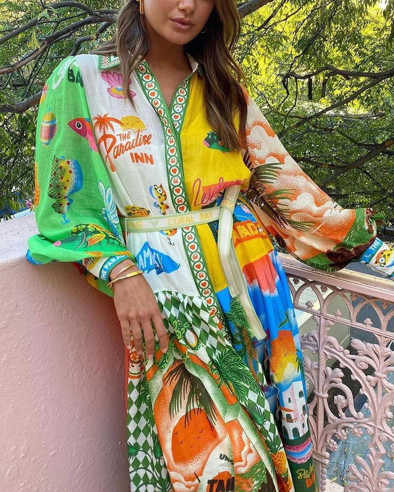 Glamouröser Sommerurlaub Stil bedrucktes langärmliges Kleid