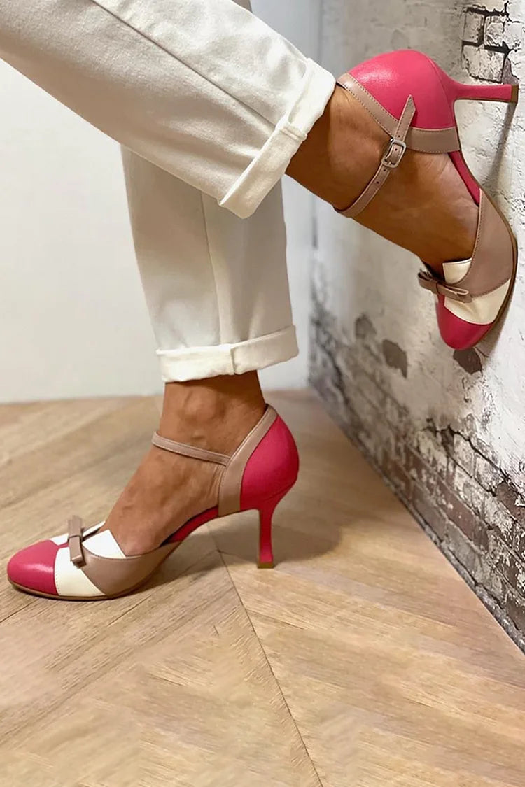 Farbblock-Schleifen-Patchwork-runde Zehen-Fuchsia-Stiletto-Absätze