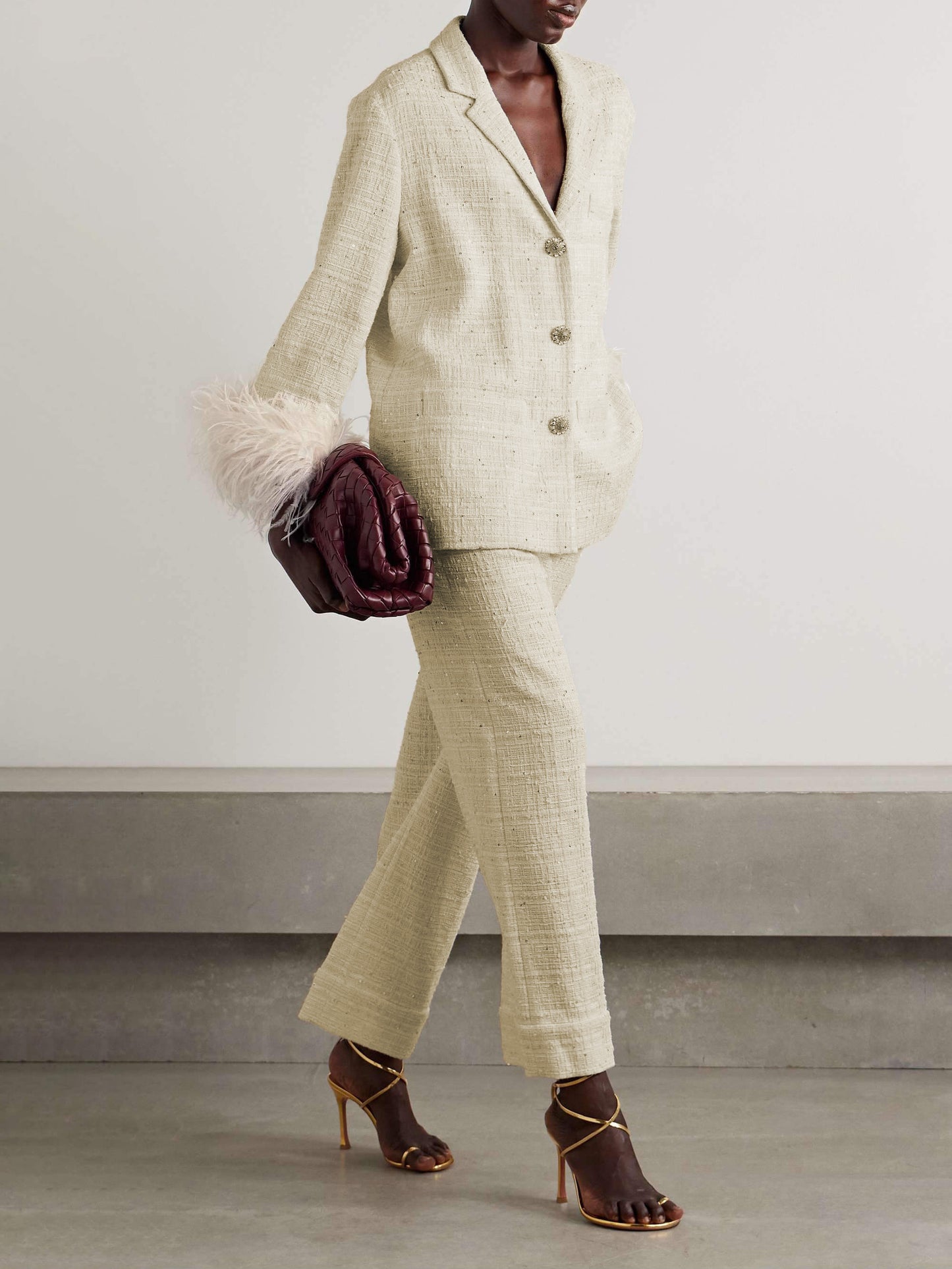 Pantalones elegantes de tweed con bolsillos y pierna ancha