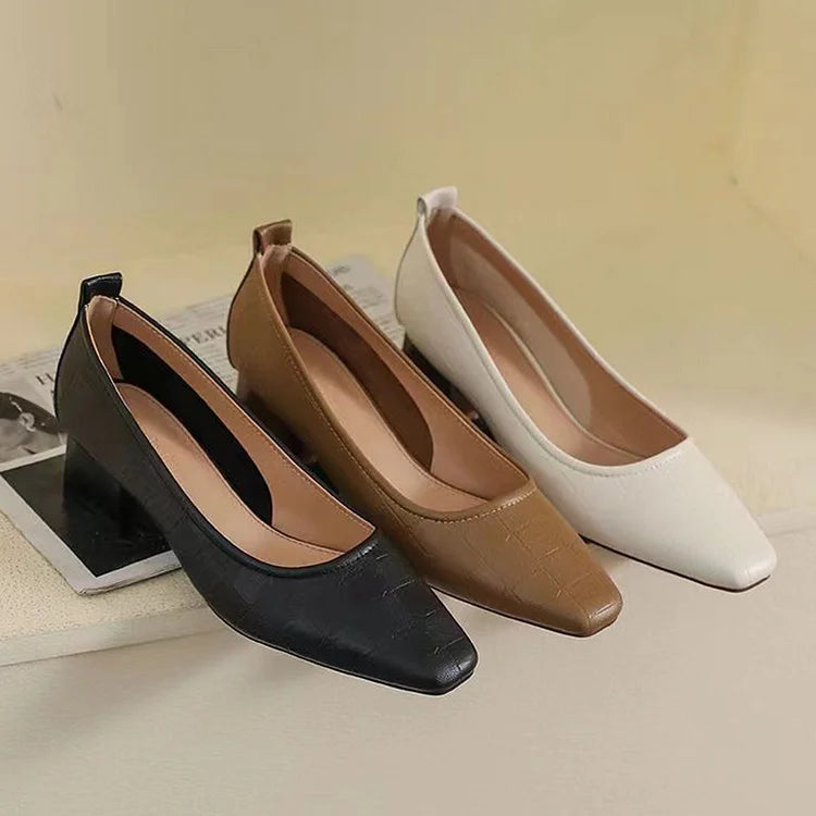 Luxury Plaid Pattern Square Toe Solid Color Slides Chunky Heels
