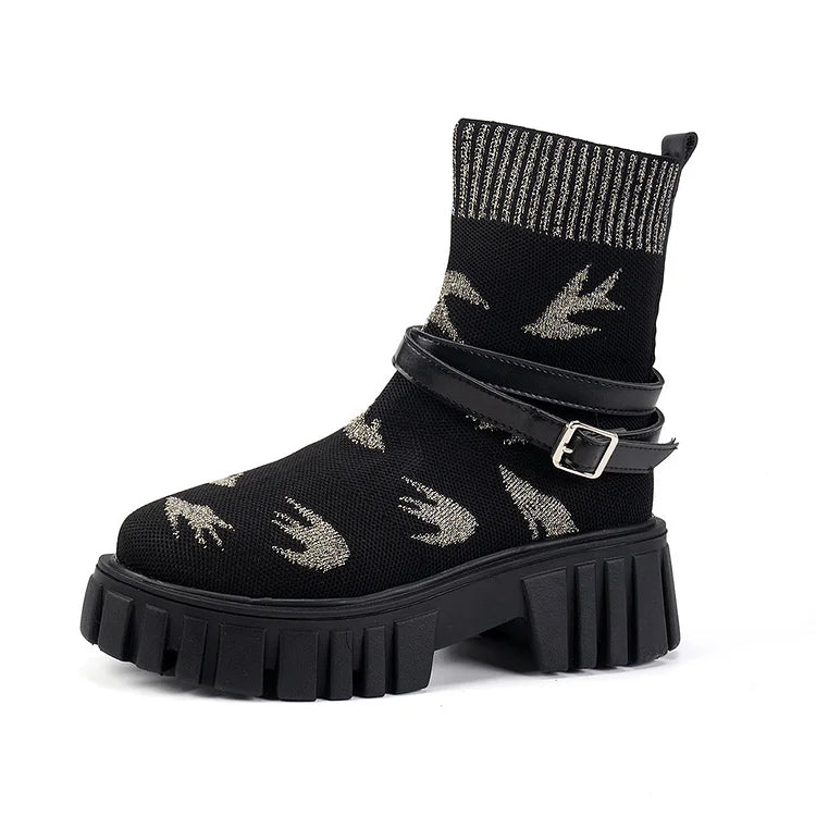 Kolorowy pasek z klamrą, dekoracja, okrągły nosek, masywny obcas, botki do połowy łydki