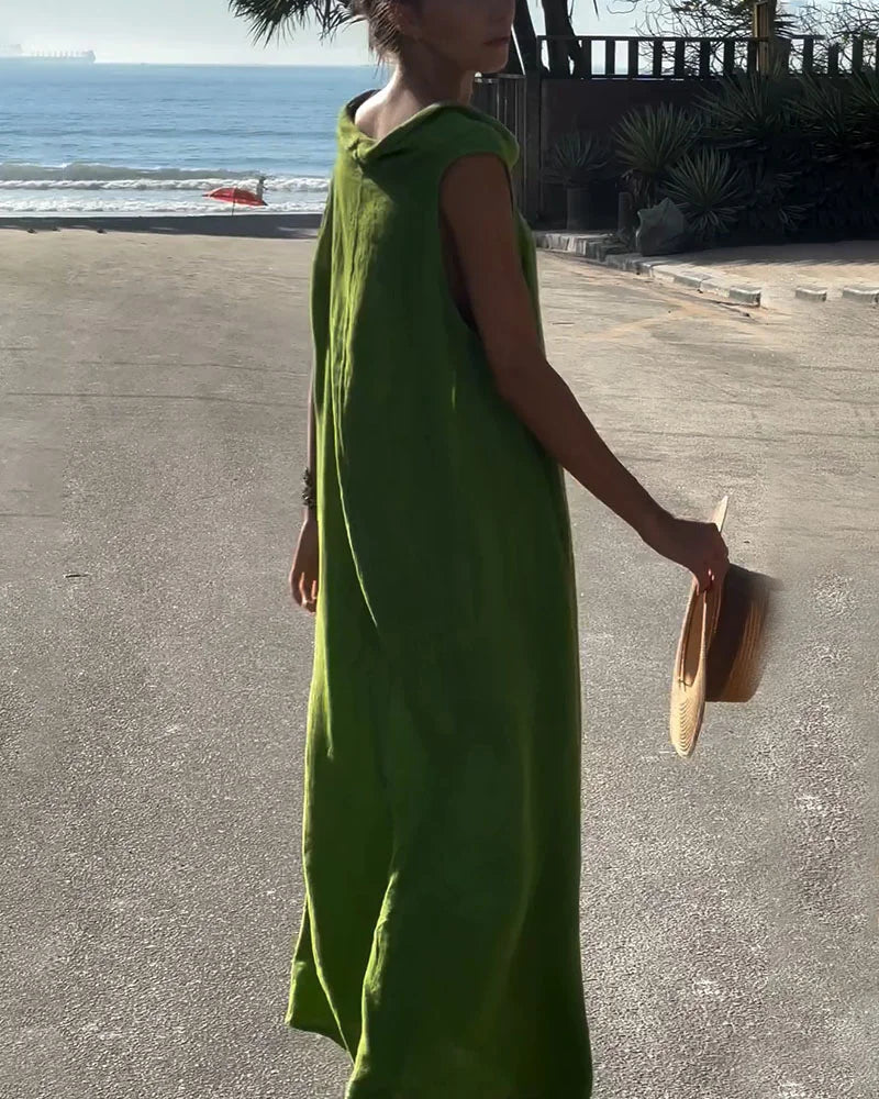 Robe chic décontractée sans manches à col rond en coton et lin