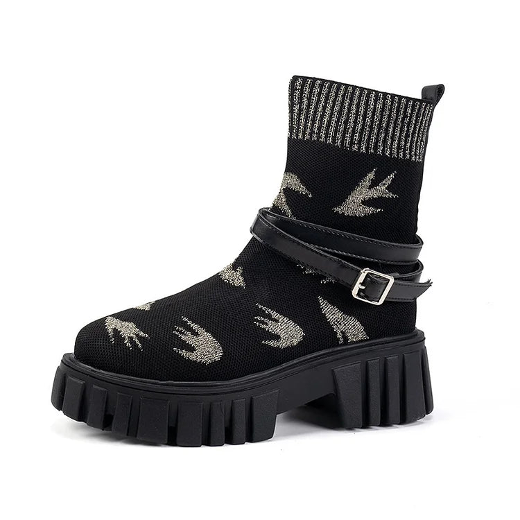 Muster-Druck-Riemenschnallen-Dekor, runde Zehenpartie, klobiger Absatz, mittelhohe Stiefel