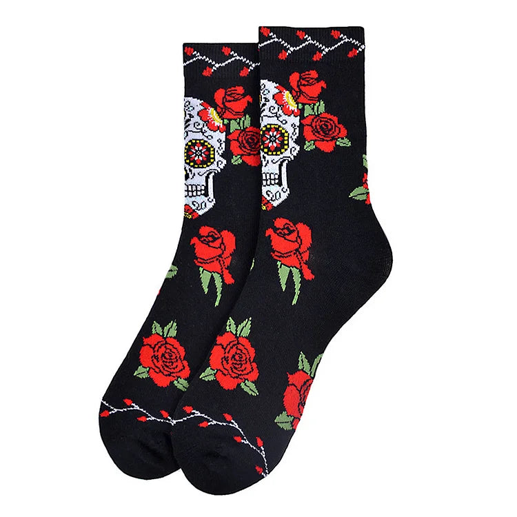 Halloween Bloody Mid Skeleton Floral Print Rose Calf Socks