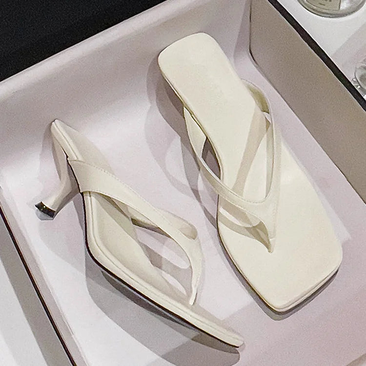 Elegant Plain Square Toe Slides Flip Kitten Flops Heels