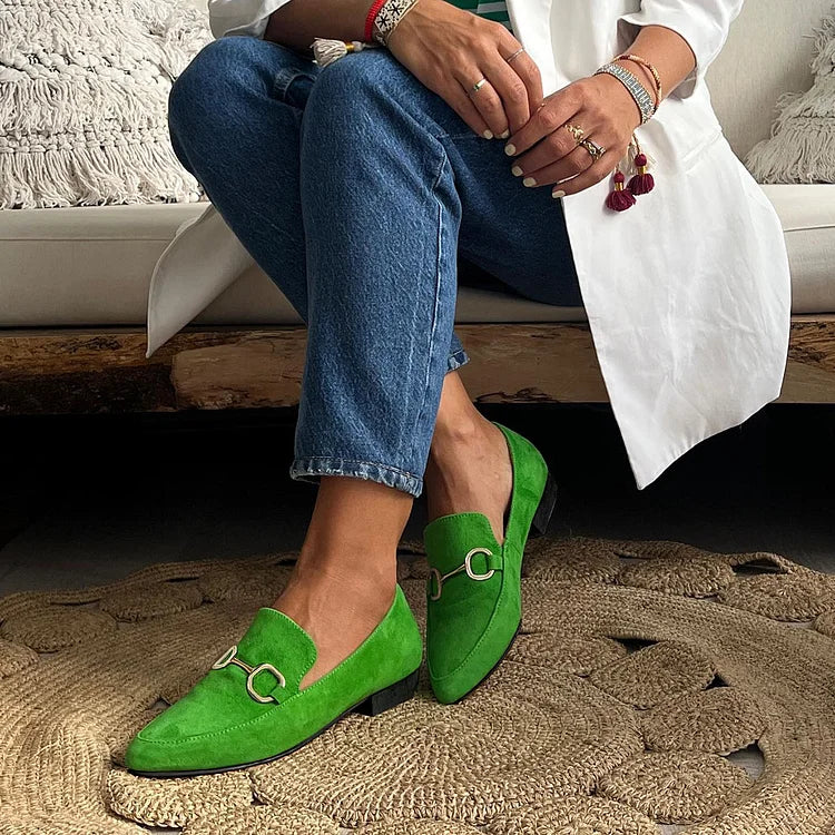 Luksusowe metaliczne baleriny wsuwane z ostro zakończonym noskiem i sztucznym zamszem, z klamrą