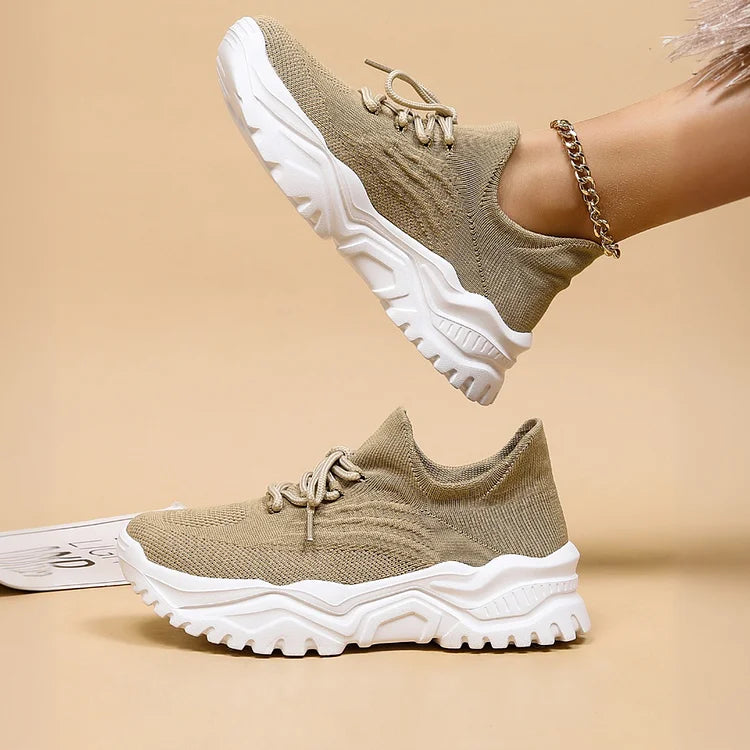 Jednokolorowe codzienne dzianinowe oddychające sznurowane sneakersy z okrągłym noskiem