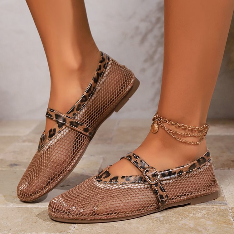 Sleek Leopard Print Fishnet Hollow Out Instep Strap Buckle Flats