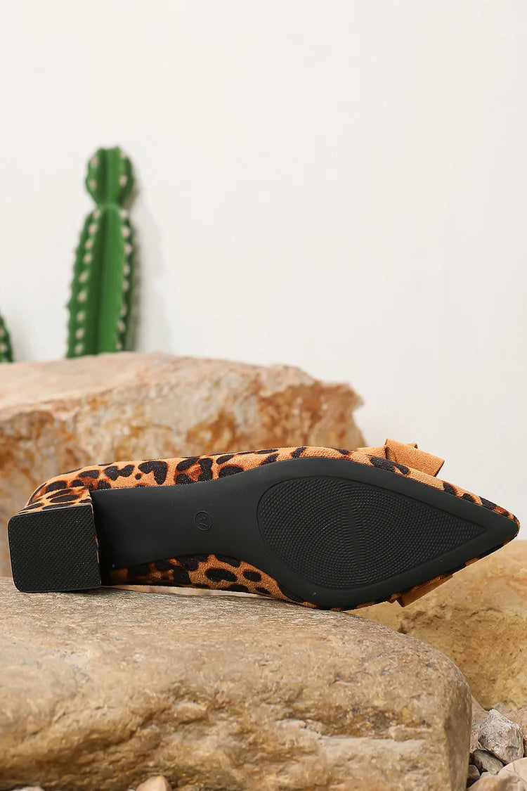 Leopard Print Bow Decor Pointed Toe Slip On Chunky Heels