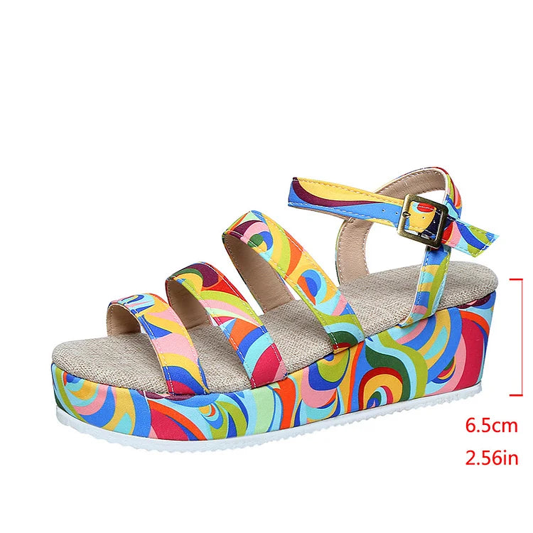 Stunning Colourful Swirl Print Strappy Buckle Peep Toe Platform Wedge Sandals