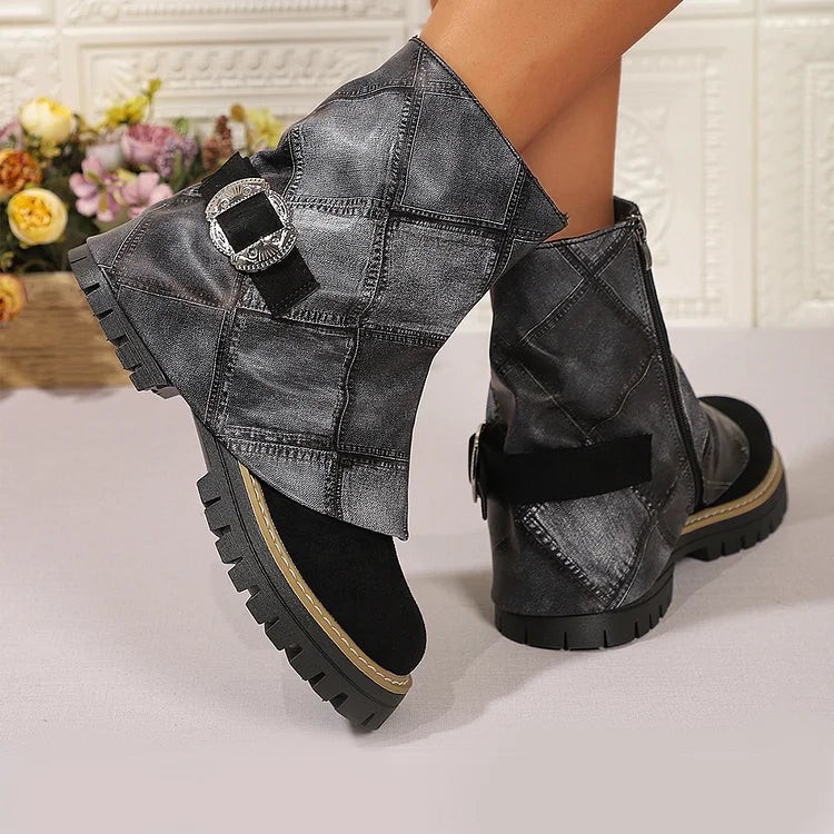 Stivali alti con punta tonda, fibbia decorativa, cinturino pieghevole con stampa scozzese