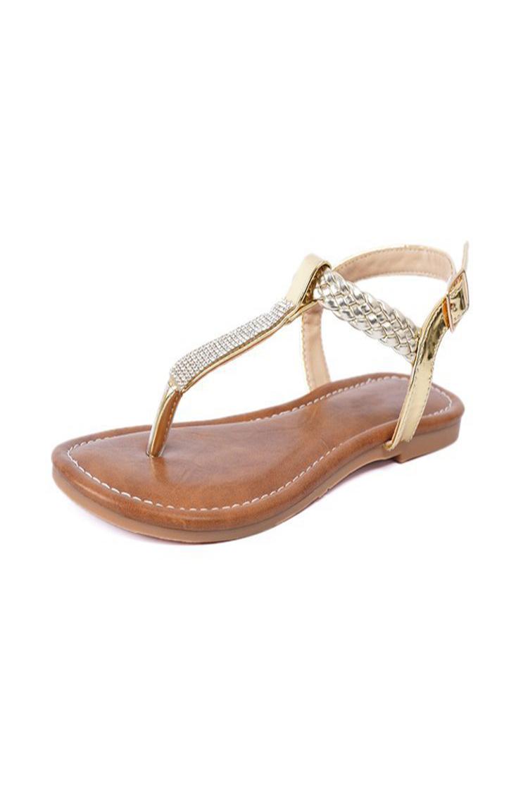 Rhinestone Decor Braided Strap Metallic Sheen Flip Flops Beach Sandals