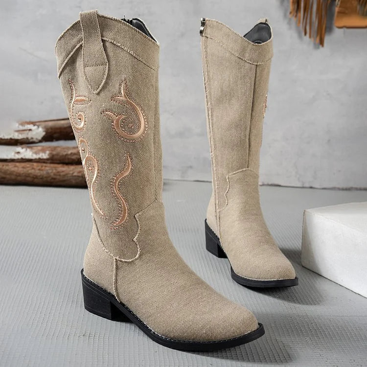 Stivali a metà polpaccio con tacco spesso, punta affilata, cerniera e ricamo strass