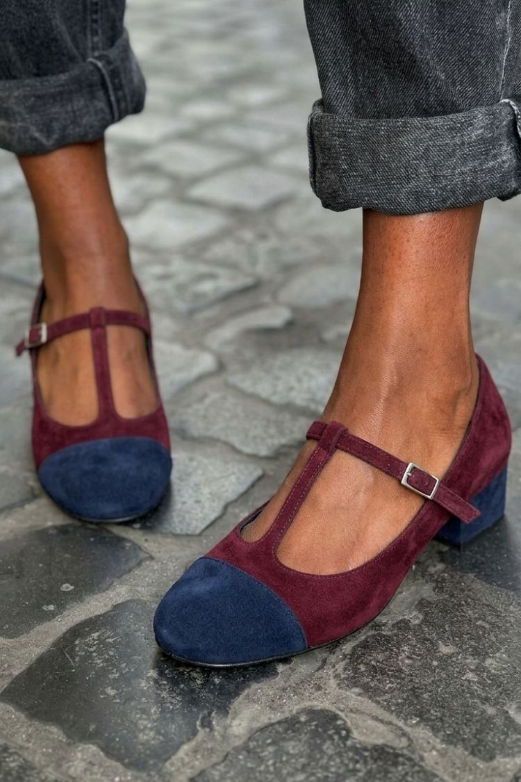 Round Toe Colorblock T-Strap Buckle Red Chunky Heels