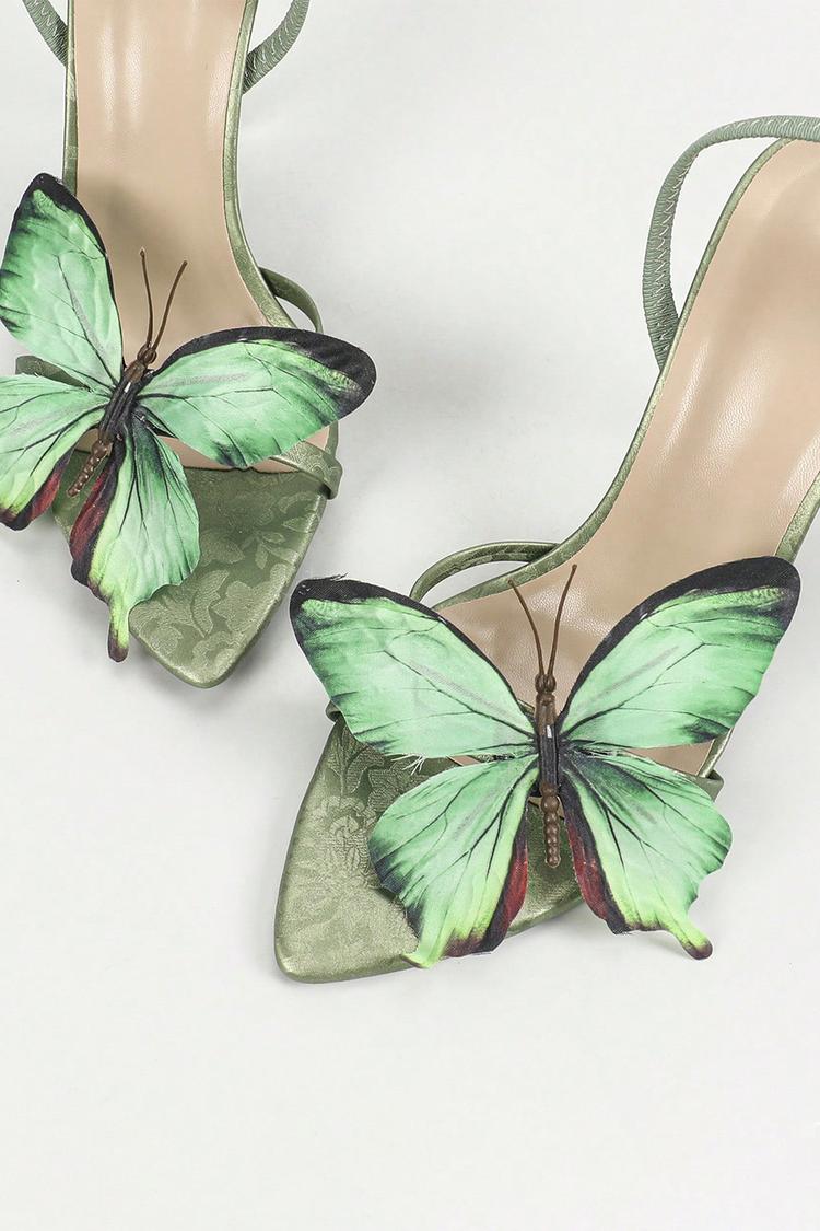 Tacones de aguja de satén con punta puntiaguda y estampado floral de mariposas en 3D