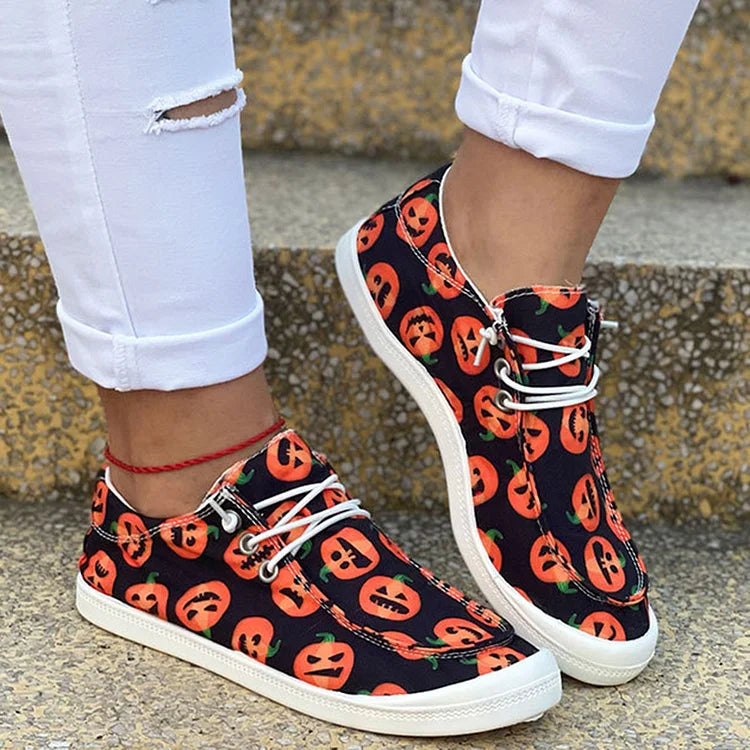 Sleek Halloween Horror Skeleton Print Pattern Shoes Lace Up Casual Pumpkin