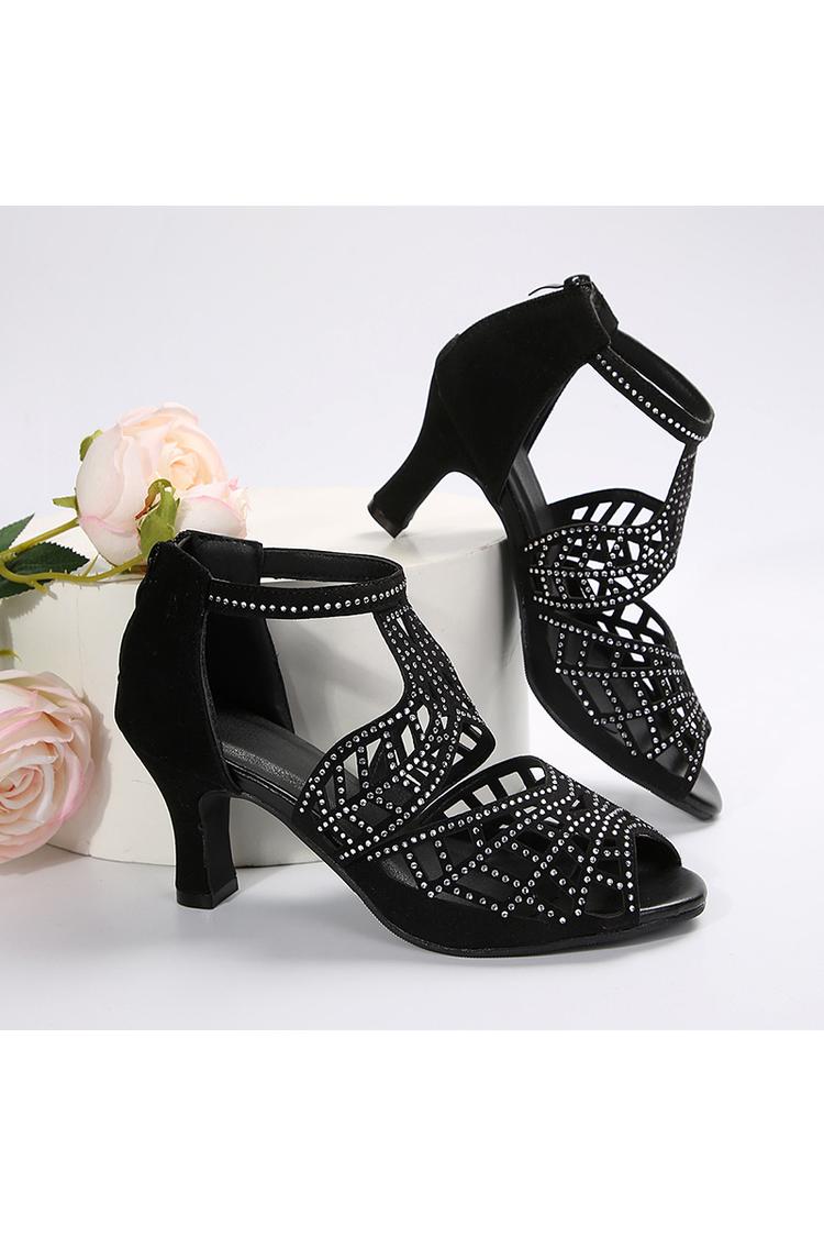 Scarpe con tacco grosso, punta aperta, cinturino alla caviglia con strass