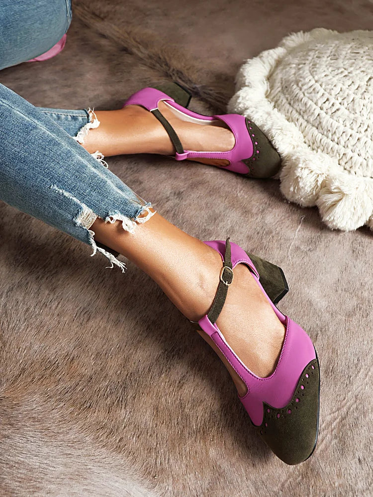 Damskie sztuczne skórzane buty z kolorowymi blokami, wycięciami, zakrytymi palcami, paskami i grubymi obcasami