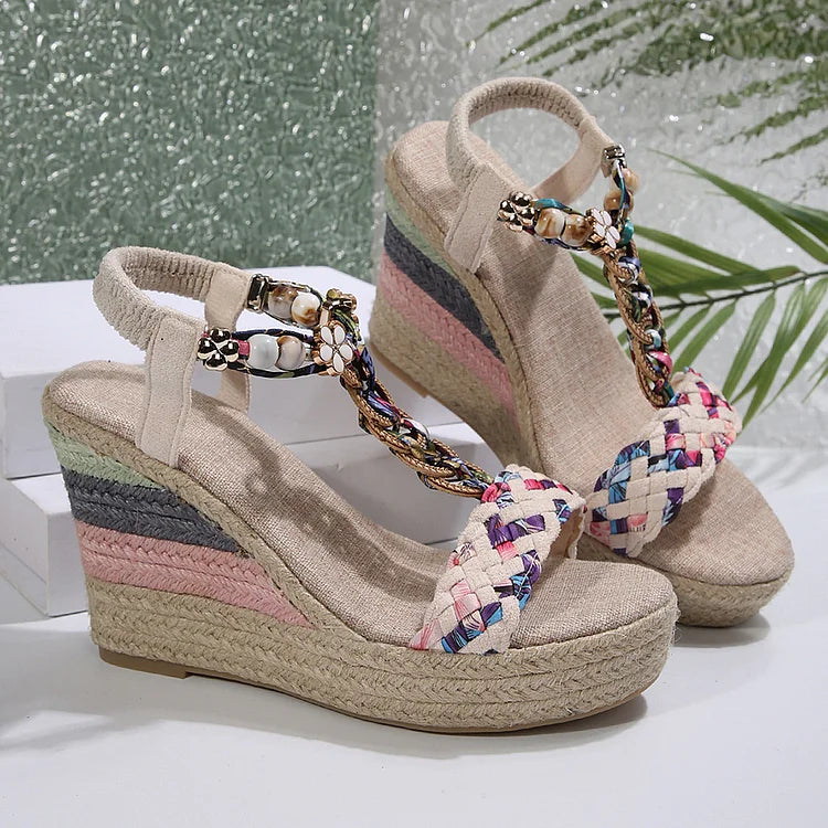 Woven T-Strap Metal Flower Bead Decor Open Toe Wedge Sandals